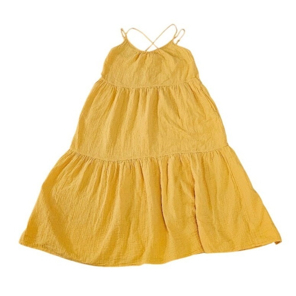 Free Assembly Tiered Maxi Dress Women Medium Yellow Cotton Gauze Pockets